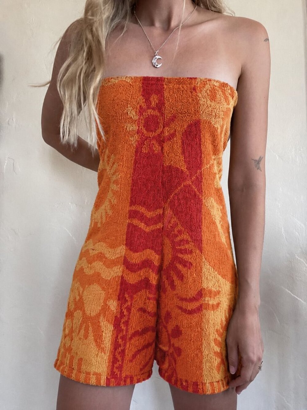 Reworked vintage towel romper shorts tube top sleeveless handmade thrift flip